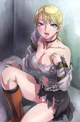 1girls blonde_hair blue_eyes blush boots capcom choker cleavage demento female female_only female_protagonist fiona_belli haunting_ground open_mouth panties ponytail sgk sitting solo solo_female tears tied_hair torn_clothes