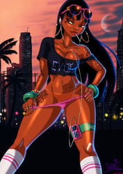 1girls bandaid black_hair bracelet breasts brown_eyes chel cigarette city cleavage clouds dark-skinned_female dark_skin dreamworks earrings electronics eyeliner eyeshadow female female_only hand_on_hip headphone hoop_earrings ipod legwear lip_piercing long_hair los_angeles media_player moon mouth_hold mp3_player music_player native native_american navel navel_piercing night panties piercing pinup rings shadman smile smoking socks solo standing strap_slip sunglasses t-shirt tan_lines tank_top tattoo the_road_to_el_dorado thigh_strap voluptuous