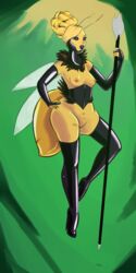 antennae black_eyes black_gloves blonde_hair bottomless breasts bridal_gauntlets corset female fur_trim gloves hand_on_hip insect_girl insect_wings monster_girl nipples original parted_lips pussy solo spacedande spear thigh_boots thighhighs updo wasp weapon wings