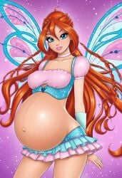 1girls believix bloom_(winx_club) blue_eyes braided_hair breasts clothed clothed_female fairy fairy_wings female female_only gradient_background huge_pregnant_belly long_hair looking_at_viewer non-nude pregnant pregnant_belly red_hair small_breasts smile solo tagme_(artist) unknown_artist very_long_hair wings winx_club