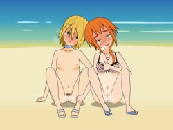 2girls after_sex anus beach bikini blonde_hair breasts cleavage collar cum female fingering freckles heart_necklace inverted_nipples kisekae_2 masturbation multiple_girls nipples orange_hair original outdoors pubic_hair pussy pussy_juice sandals swimsuit tanline yuri