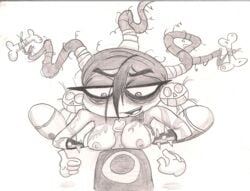 1boy 1girls ass breasts cum ejaculation female male monochrome nipple nymph_(rayman) paizuri penis ponytail rayman rayman_(series) rayman_origins sketch smile straight tied_hair voodoo_mama_(rayman) white_background