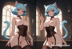 ai_generated areolae artist_name bangs blue_hair breasts cat_ears cat_girl cat_tail catgirl cleft_of_venus corset erect_nipples female female_only hentaipresident large_breasts looking_at_viewer medium_breasts nipples nude nude_female pink_eyes pussy short_hair solo solo_female source_request standing thighhighs thighs uncensored uncensored_breasts uncensored_nipples uncensored_pussy uncensored_vagina vagina