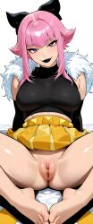 ai_generated black_lipstick brawl_stars female flashing flashing_pussy melodie_(brawl_stars) pink_hair pussy seductive seductive_gaze seductive_look short_hair skirt