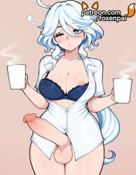1futa 2025 ai_generated alcohol artist_name blue_bra blue_eyes blue_panties bra breasts bust chest cock coffee coffee_mug cup dick disposable_cup drinking_glass erection exposed_nipples foreskin foxenpai furina_(genshin_impact) futanari genshin_impact gradient gradient_background hi_res high_quality high_resolution highres holding holding_cup huge_cock large_penis large_testicles mug nipples nipples_outside patreon patreon_username penis phimosis print_mug saucer shirt solo stable_diffusion steam teacup testicles tray uncensored underwear veiny_penis watermark white_hair