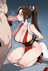 1boy 1girl ai_generated arm_behind_back arm_guards bare_shoulders blush breasts brown_eyes brown_hair cleavage clothed_female_nude_male clothing collarbone erection fatal_fury feet fellatio female fingerless_gloves from_side gloves hetero high_ponytail japanese_clothes king_of_fighters kneeling large_breasts large_penis long_hair mai_shiranui male male_pubic_hair ninja nude nyanclaire obi oral parted_bangs pelvic_curtain penis ponytail pubic_hair revealing_clothes rope saliva sash shiranui_mai sideboob solo_focus sweat thick_thighs thighs toeless_legwear toes tongue tongue_out veins veiny_penis