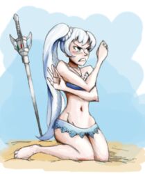 1girls angry annoyed bikini covering_breasts embarrassed female female_only kneeling light-skinned_female light_blue_bikini midriff myrtenaster rapier rwby sand sword tagme weapon weiss_schnee white_hair