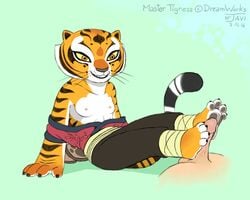 anthro breasts drjavi feline female foot_fetish footjob fur furry human kung_fu_panda male male_human/female_anthro mammal master_tigress penis smile tiger