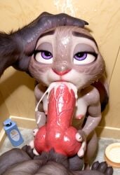 1boy 1girls 3d ai_generated animal_penis anthro balls bathroom big_balls big_penis breasts canid canine canine_penis canis completely_nude_female cum cum_in_mouth erection female first_person_view furry furry_female furry_male grey_fur hand_on_another's_head judy_hopps knot knotted_penis lagomorph looking_at_viewer looking_up male nude nude_female oral oral_sex penis pov purple_eyes rabbit sex size_difference small_breasts testicles veiny_penis vudoll360 water wet wolf zootopia