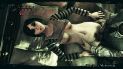 3d alice_(madness_returns) alice_in_wonderland alice_liddell alice_madness_returns american_mcgee's_alice angus_bumby animated bed bedroom black_hair bottomless bouncing_breasts breasts closed_eyes clothed_sex ea female from_above goth large_breasts lying male missionary navel necklace penis pillow pubic_hair pussy rape sex shirt_lift short_hair source_filmmaker straight tdw thighhighs torso_grab uncensored vaginal_penetration