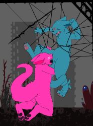 anthro anus balls bite_mark blue_body blue_fur blush blush_lines claws closed_eyes cunnilingus deep_cunnilingus digitigrade duo female flat_colors frostedscales fur genitals hi_res male male/female open_mouth oral pawpads penetration pink_body pink_fur plant pussy rain_world raised_tail restrained sex slugcat tail tail_coil teeth tongue tongue_penetration vaginal_penetration videocult worm_grass_(rain_world)