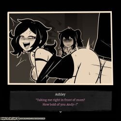 1boy 2girls accurate_art_style andrew_graves artist_name ashley_graves big_areola blush bottomless breasts breasts_out brother_and_sister collared_shirt dankodeadzone dialogue_box doggy_style english_text eyelashes fake_screenshot female green_eyes highres incest indoors large_areolae large_breasts looking_back male monochrome mother_and_daughter multiple_females multiple_girls off_shoulder open_mouth patreon_logo paymetons_plug pink_eyes ponytail renee_graves saliva scowl sex sex_from_behind shirt siblings sidelocks spot_color sweat sweatdrop the_coffin_of_andy_and_leyley v-shaped_eyebrows web_address