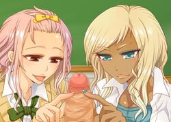 1boy 2girls blonde_hair blue_eye_shadow blue_eyes bow brown_eyes dark-skinned_female dark_skin ffm_threesome foreskin foreskin_play interracial jacket light-skinned_female light-skinned_male light_skin lilije_drug_(mam_melon) looking_at_penis onnanoko_no_jikan_wo_tomeyou_to_omotta_ra_ore_ga_tomatta pink_hair school skirt sweater threesome tongue tongue_out