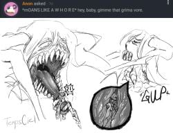2boys 6_eyes bad_id chrom_(fire_emblem) closed_eyes dragon dragon_vore fire_emblem_awakening giant giant_male gijinka grima_(fire_emblem) gulp gulp_(sound_effect) gulping horns internal_view interrobang long_tongue macro macro/micro macro_male male male_only male_pred male_prey mawshot micro micro_male nostrils onomatopoeia oral_vore personification request saliva saliva_string saliva_trail saliva_trail_between_teeth sharp_teeth shocked_expression size_difference size_difference_vore sketch soft_vore swallowing swallowing_bulge swallowing_sounds teeth teeth_showing tempsciel_(artist) tongue_out unknown_source vore yaoi
