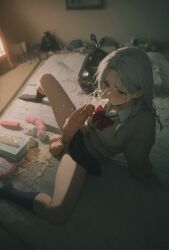 1futa 1girls after_school ai_generated anal_beads anime_girl balls beige_cardigan big_testicles blush bowtie breasts clenched_teeth collared_shirt cum cum_pool cum_shot dark_room devaster dickgirl ejaculation erection female full_body futa_masturbation futa_orgasm futanari futon gal gyaru hair_down half-closed_eyes handjob hot_cum huge_cock indoors intersex japanese_room legs_spread long_sleeves looking_at_own_penis masturbation medium_hair messy_hair messy_room nervous night open_mouth orgasm oversized_clothes penis realistic_background red_bowtie sagging_balls saggy_balls school_uniform schoolgirl sex_toy silver_hair sitting skinny_legs skirt slim_waist small_breasts socks solo solo_focus solo_futa spread_legs tatami teenage_female teenage_futa teeth testicles thick_cum tissue_box trash_bag used_tissue used_tissues wall yellow_cum yellowish_cum