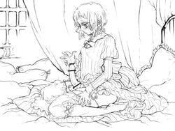 1futa axis_powers_hetalia bed blush dress futa_only futanari hair hair_ribbon intersex liechtenstein_(hetalia) looking_down masturbation monochrome penis pillow ribbon short_hair sitting solo window