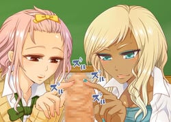 1boy 2girls blonde_hair blue_eye_shadow blue_eyes bow brown_eyes dark-skinned_female dark_skin ffm_threesome foreskin interracial jacket light-skinned_female light-skinned_male light_skin lilije_drug_(mam_melon) looking_at_penis onnanoko_no_jikan_wo_tomeyou_to_omotta_ra_ore_ga_tomatta pink_hair pov school skirt sweater threesome