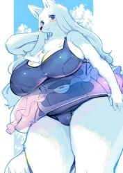 anthro big_breasts black_nose blue_eyes bodily_fluids breasts canid canine canis cleavage clothed clothing digital_media_(artwork) domestic_dog female fluffy fur hair huge_breasts inner_ear_fluff kemono kishibe long_hair looking_at_viewer low-angle_view mammal nordic_sled_dog one-piece_swimsuit outside pool_float samoyed samoyed-chan_(kishibe) school_swimsuit solo spitz standing sweat swimwear thick_thighs tuft white_body white_fur white_hair worm's-eye_view