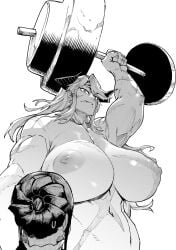 2girls amazon areolae bare_breasts biceps big_breasts black_and_white breasts breasts_out curvaceous dark-skinned_female dark_skin desmos_salamandis exposed_breasts fangs female female_focus female_only giantess grey_hair horns huge_breasts long_hair looking_down manga manga_page midriff muscular muscular_female navel nipples official_art reincarnation_coliseum scars sharp_teeth simple_background tensei_colosseum weightlifting zunta