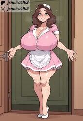 1girl ai_generated annie_leonhardt apron artist_name attack_on_titan blush breasts brown_hair cleavage clothing covered_nipples curvy door dress english_text female footwear freckles frills full_body gigantic_breasts green_eyes headdress headwear high_heels huge_breasts indoors jennieart02 large_breasts long_hair maid maid_apron maid_headdress mature_female medium_hair open_hands patreon patreon_logo patreon_username pink_dress short_dress short_sleeves smile solo standing sweat thick_thighs thighs twitter twitter_username waist_apron waitress watermark white_apron white_footwear wide_hips