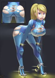 1girls ass ass_up bedroom_eyes bent_over big_ass bikupan blonde_hair blue_eyes bodysuit bracelet breasts cleavage dat_ass female female_only glow hanging_breasts high_heels huge_breasts human leaning metroid nintendo open_mouth ponytail rocket_heels samus_aran seductive seductive_look simple_background skin_tight solo tied_hair torn_bodysuit torn_clothes zero_suit zero_suit_samus