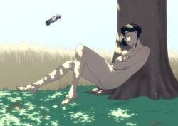 antoniomalara asymmetrical_hair black_hair closed_eyes collarbone f_(star_wars) female_masturbation floating_object hair_braid lightsaber medium_breasts nude nude_female open_mouth reclining short_hair star_wars star_wars_visions tall_grass tree