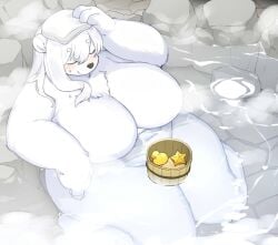 ambient_sealife ambient_starfish anthro asterozoan bear belly big_breasts biped black_nose blush bodily_fluids breasts chest_tuft closed_eyes couvert_(kishibe) deep_navel digital_media_(artwork) echinoderm eyebrow_through_hair eyebrows featureless_breasts female fluffy fur hair high-angle_view hot_spring huge_breasts inner_ear_fluff kishibe legs_together light_theme long_hair mammal marine navel nude overweight overweight_anthro overweight_female polar_bear relaxing rubber_duck slightly_chubby smile solo spa starfish sweat thick_thighs three-quarter_view towel translucent translucent_hair tuft ursine water wet white_body white_fur white_hair