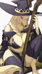 2024 anthro big_breasts borzoi bra braided_hair breasts canid canine canis claws cleavage clothed clothing domestic_dog female fur hair hat headgear headwear hi_res hunting_dog kemono kishibe looking_at_viewer mammal open_mouth purple_eyes sighthound simple_background smile solo staff thick_thighs underwear white_background white_body white_fur witch_hat
