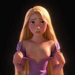 accurate_art_style ai_generated animated blonde_hair breasts disney dress embarrassed exposed_breasts exposed_nipples female looking_at_viewer nipples pulling_clothing pulling_own_clothes rapunzel rapunzel_(tangled) simple_background tagme tangled undressing video worried wrist_grab