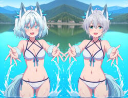 2girls animal_ears bare_legs bare_shoulders blue_eyes blushing cleavage collarbone kikuchi_fuuka lake looking_at_viewer medium_breasts pigtails setsuna_(redo_of_healer) short_hair silver_hair smiling standing string_bikini water white_bikini wolf_ears wolf_tail