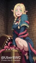 ai_generated animated blonde_hair delicious_in_dungeon dungeon_meshi elf elf_ears elf_female elf_girl green_eyes interspecies magical_girl marcille_donato mimic mimic_chest monster monster_on_female no_sound restrained tagme tentacle tentacle_sex uberbwc video