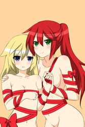 2girls art artist_request blonde_hair blue_eyes blush breasts female female_only green_eyes human jaune_arc long_hair mound_of_venus multiple_girls naked_ribbon navel nude ponytail pyrrha_nikos red_hair ribbon rule_63 rwby shikniful shy smile tied_hair yuri