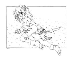 animal_ears boots border borrowed_character female fuurin_rei gloves graphite_(medium) greyscale harumachi_nagaaki knife looking_back lying masturbation monochrome nipples open_mouth original solo tiger_ears traditional_media weapon