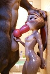 1boy 1girls 3d ai_generated animal_penis anthro balls bathroom breasts canid canine canine_penis canis completely_nude_female erection female furry furry_female furry_male grey_fur judy_hopps knot lagomorph male nipples nude nude_female oral oral_sex penis purple_eyes rabbit size_difference small_breasts testicles vudoll360 water wet wolf younger_female zootopia