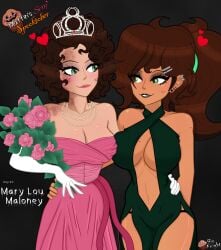2girls arm_around_waist athletic athletic_female boob_window bouquet breasts brown-haired_female brown_hair burn_scar chocolate_and_vanilla choker cleavage clothed curly_hair dress elbow_gloves eyeshadow female grabbing_hips grabbing_waist green_dress green_eyes halloween halloween_2025 hand_on_hip hand_on_waist hello_mary_lou:_prom_night_ii lipstick lipstick_mark lipstick_on_face long_gloves looking_at_another looking_at_partner mary_lou_maloney medium_breasts mole mole_on_breast mole_under_eye muffin_(muffinknight) muffinknight no_sex no_sex_(yet) pale_skin pearl_necklace pink_dress ponytail prom_dress prom_queen revealing revealing_clothes revealing_outfit sapphic short_hair sideboob spooktober tan tan-skinned_female tan_body tan_skin thin thin_female thin_waist tiara white_gloves yuri