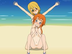 2girls anus beach bikini blonde_hair breasts cleavage collar female freckles heart_necklace kisekae_2 multiple_girls nipples orange_hair original outdoors pubic_hair pussy sandals tanline yuri