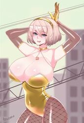 beauty_mark big_breasts bimbo bimbofied blue_eyes bob_cut bunnysuit collar drooling female female_only fishnets fully_clothed gold_gloves makeup nier:_automata short_hair skimpy skimpy_clothes stockings tesomu yorha_2b