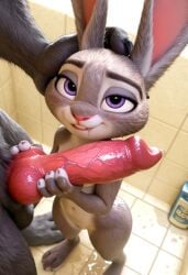 1boy 1girls 3d ai_generated animal_penis anthro balls bathroom big_penis breasts canid canine canis completely_nude_female erection female first_person_view furry furry_female furry_male grey_fur hand_on_another's_head imminent_sex judy_hopps knot knotted_penis lagomorph looking_at_viewer looking_up male nude_female penis penis_grab purple_eyes rabbit small_breasts testicles veiny_penis vudoll360 wet wolf younger_female zootopia