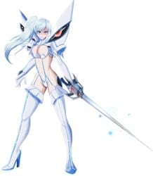 artist_request blue_eyes boots cleavage crossover gloves junketsu junketsu_(cosplay) kill_la_kill kiryuuin_satsuki_(cosplay) large_breasts magic myrtenaster png rapier rwby side_ponytail snowflake sword tagme thigh_boots thighhighs transparent_background unconvincing_armor weapon weiss_schnee white_hair white_outfit