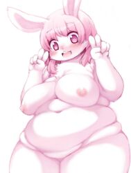 anthro big_breasts blush breasts female hair kishibe lagomorph leporid looking_at_viewer mammal nipples nude open_mouth overweight overweight_anthro overweight_female pink_eyes rabbit simple_background slightly_chubby solo source_request