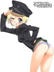 1girls ass blonde_hair blue_eyes blush breasts clothing erica_hartmann female hat panties salute small_breasts solo strike_witches striped striped_panties underwear uniform world_witches_series