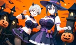 2girls ai_generated asai_ami cosplay costume encoder female helloween jack-o'-lantern sfw uzaki-chan_wa_asobitai! uzaki_hana witch witch_costume witch_hat