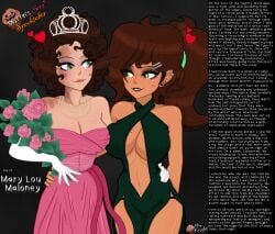 2girls arm_around_waist athletic athletic_female boob_window bouquet breasts brown-haired_female brown_hair burn_scar caption chocolate_and_vanilla choker cleavage clothed curly_hair dress elbow_gloves eyeshadow female grabbing_hips grabbing_waist green_dress green_eyes halloween halloween_2025 hand_on_hip hand_on_waist hello_mary_lou:_prom_night_ii lipstick lipstick_mark lipstick_on_face long_gloves looking_at_another looking_at_partner mary_lou_maloney medium_breasts mole mole_on_breast mole_under_eye muffin_(muffinknight) muffinknight no_sex no_sex_(yet) pale_skin pearl_necklace pink_dress ponytail prom_dress prom_queen revealing revealing_clothes revealing_outfit sapphic short_hair sideboob spooktober story story_in_picture tan tan-skinned_female tan_body tan_skin text text_box thin thin_female thin_waist tiara white_gloves yuri