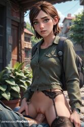 1boy 1boy1girl 1girls ai_generated artist_name backpack bag black_thighhighs blurry blush bottomless breasts brown_hair building clothed_sex cowgirl_position day ellie_(the_last_of_us) ellie_williams female freckles garter_belt green_eyes hi_res jacket lips long_sleeves looking_at_viewer male naughty_dog nose outdoors parted_lips penis plant progenarts pussy sex short_hair solo_focus straddling straight the_last_of_us the_last_of_us_2 thighhighs uncensored vaginal_penetration vaginal_sex