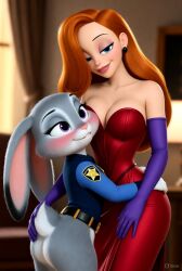 2girls 3d ai ai_art ai_generated ass blush cleavage cuddling cute female hugging jessica_rabbit judy_hopps who_framed_roger_rabbit wholesome yuri zootopia