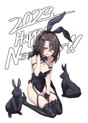 absurdres alternate_costume animal_ears bare_shoulders black_gloves breasts brown_hair christina_brecht cleavage collarbone counter:side fake_animal_ears female gloves hair_ornament hairclip highres leotard new_year playboy_bunny rabbit rabbit_ears small_breasts supernew yellow_eyes