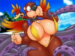 2girls backpack bag banjo-kazooie banjo_(banjo-kazooie) bear big_breasts bikini bimbo clothing dracojeff female furry huge_breasts kazooie neckwear rule_63 swimwear tentacle transformation tropical video_games