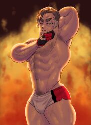 arm_behind_head arm_up balls bara bulge chest_hair gloves grey_hair kabu_(pokemon) male male_only muscles muscular nintendo one_eye_closed penis pokemon pokemon_ss shirtless shorts solo solo_male sweat sweating thedarkdjin