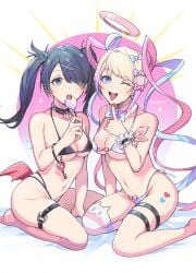 2girls ame-chan asymmetrical_legwear big_breasts chouzetsusaikawa_tenshi-chan devil_wings halo key lollipop needy_girl_overdose no_sex one_eye_closed revealing_clothes signature sitting thigh_strap thong_bikini tongue_out underwear