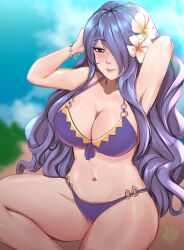 1girls alternate_costume armpits bikini blurry blurry_background breasts camilla_(fire_emblem) camilla_(summer)_(fire_emblem) cleavage female female_only fire_emblem fire_emblem_fates fire_emblem_heroes flower hair_flower hair_ornament hair_over_one_eye hibiscus highres large_breasts long_hair looking_at_viewer navel nintendo official_alternate_costume parted_lips purple_bikini purple_eyes purple_hair purple_swimsuit rinku_bny solo swimsuit